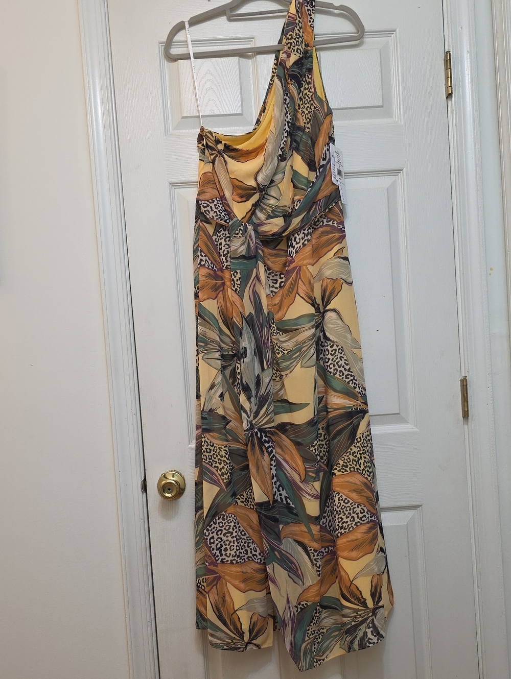 One-Shoulder Yellow Tropical Print Maxi Dress